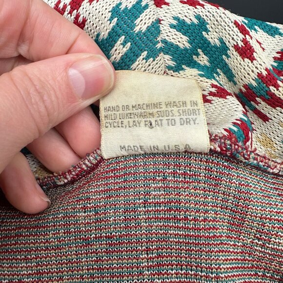 Vintage Cardigan Jacket 1970s Jane Colby USA Aztec Belted Maroon Teal Medium - Picture 5 of 8